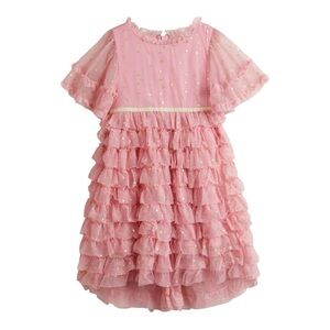 Mini Boden Gold Star Print Pink Ruffle Tulle Dress. Size 11/12